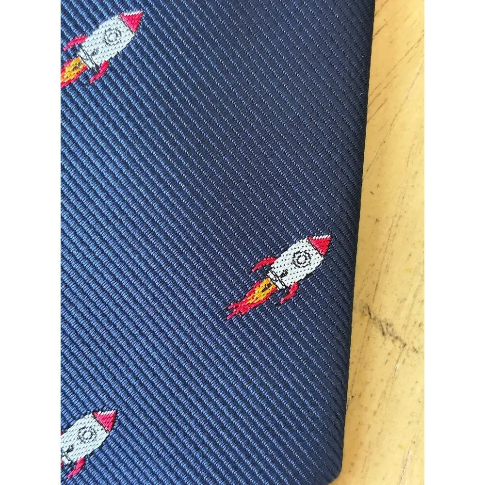Men's Rocket Space Ship Skinny Tie Navy Blue Novelty NASA Cosmic Retro Moon